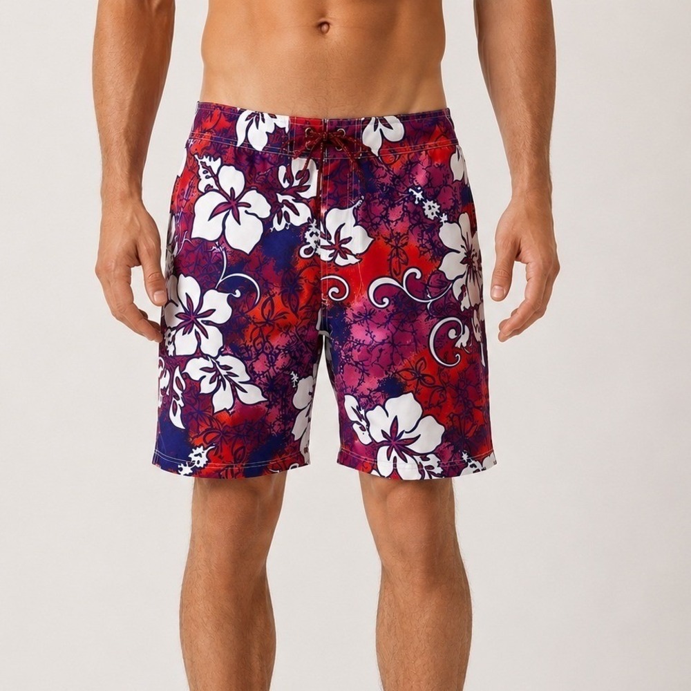 Escape Hawaiian Board Shorts Mens Large Red Blue Floral Swim Trunks Surf Beach